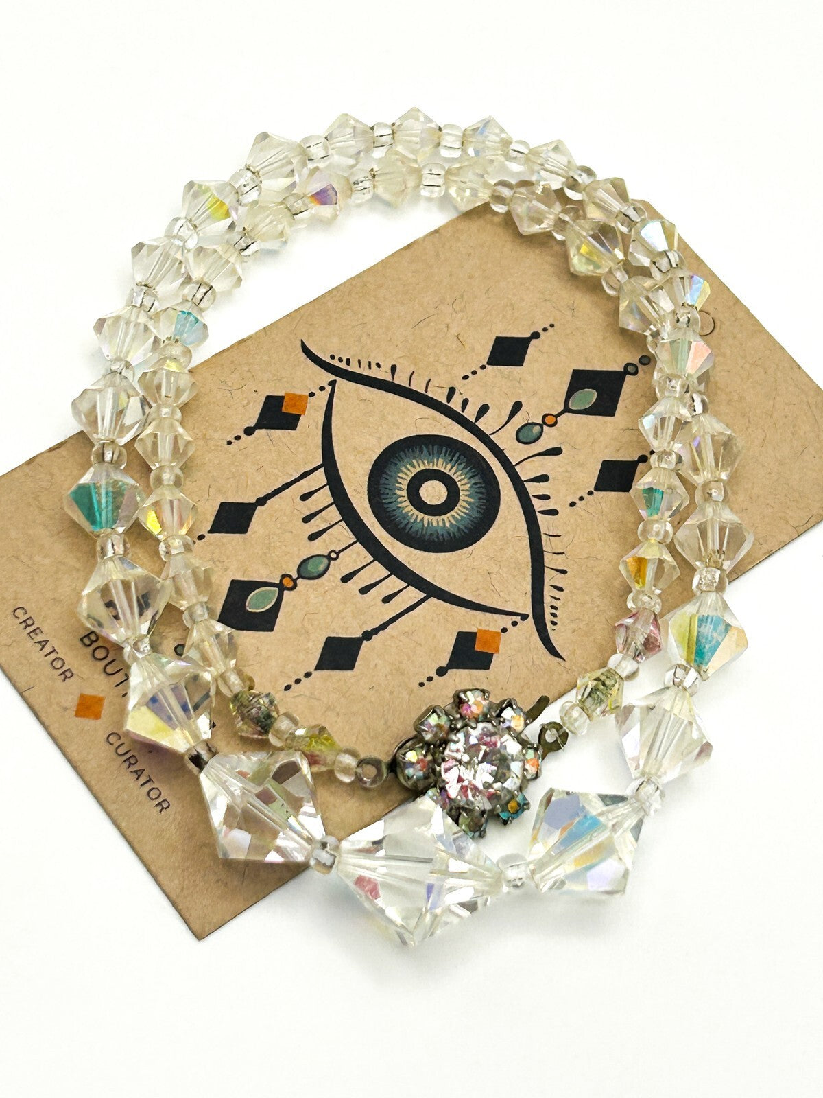 Aurora Borealis Crystal Bicone Necklace with Rhinestone Flower Clasp