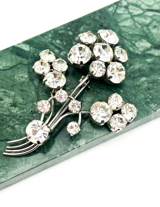Vintage Rhinestone Flower Brooch Silver Tone Bouquet Pin