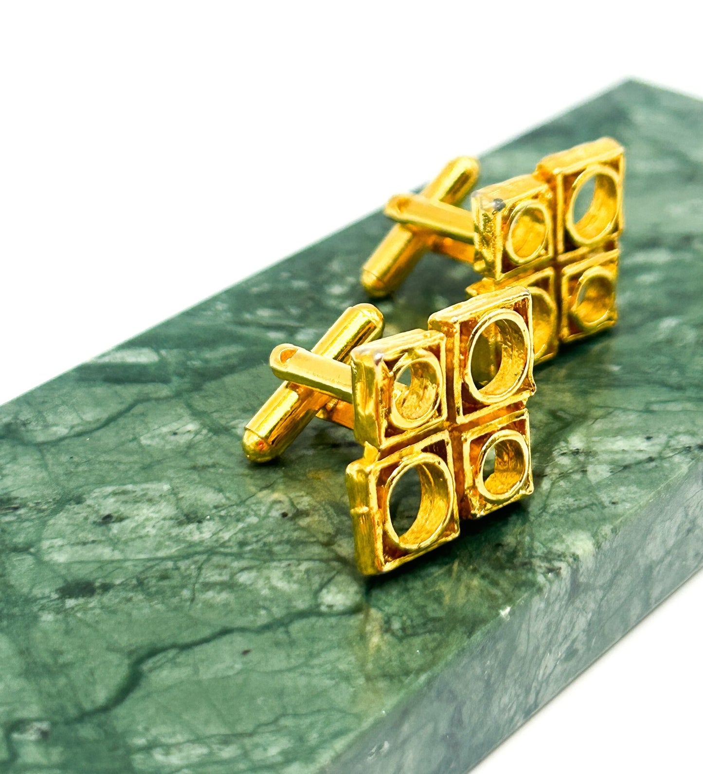 Gold Tone Geometric Square Cufflinks with Circular Cut-Out Design