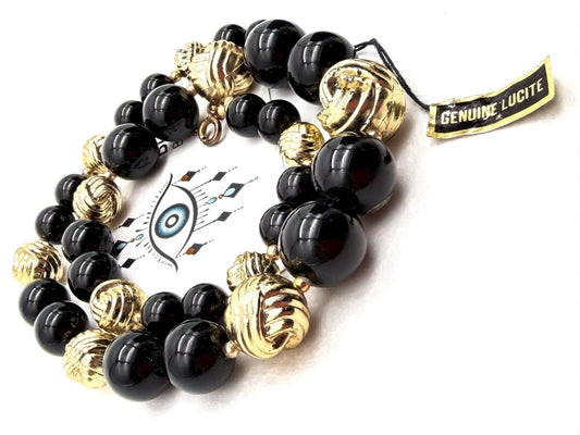 Vintage Black Gold Beaded Necklace Lucite Statement Chunky Beads 19”