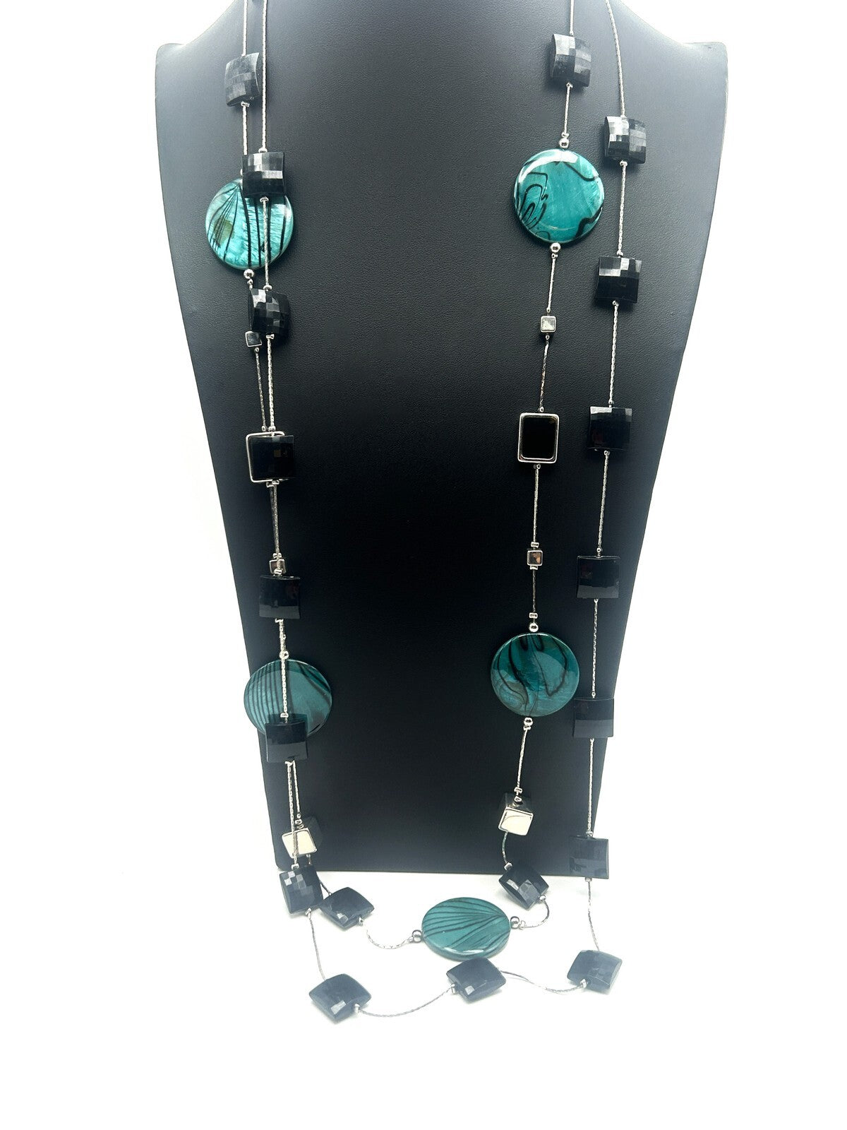 Vintage M&S Teal  Black Disc and Black and Silver Tone 2-layer Cube Necklace