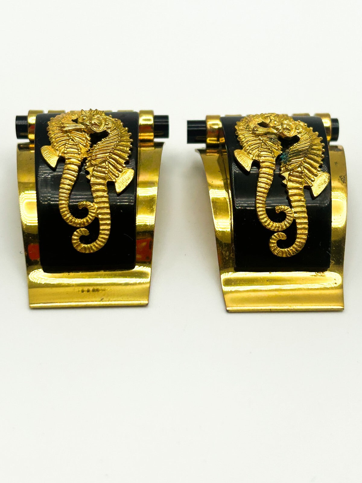 Vintage Shoe Dress Clips Art Deco Jean Painlevé Seahorse Black Gold Pair 1930s