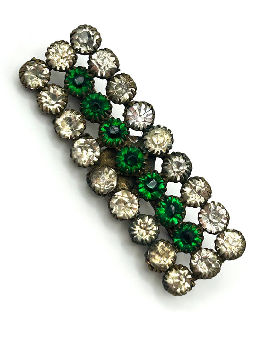 Vintage Green Rhinestone Brooch Bar Pin Clear Glass Art Deco