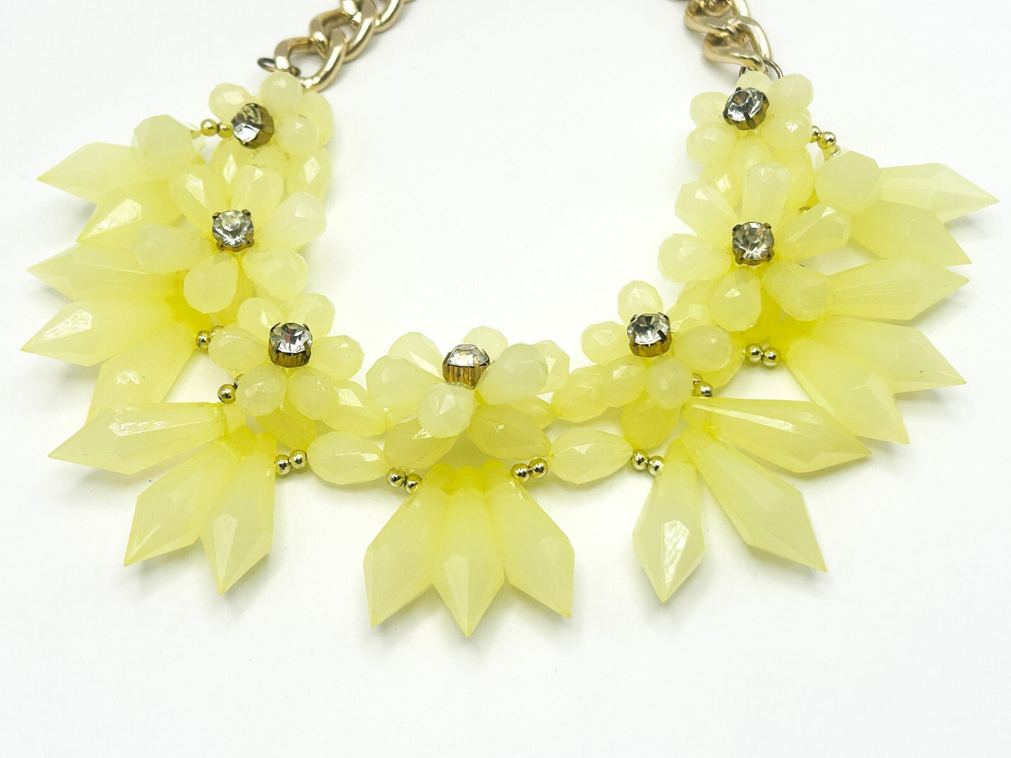 Yellow Faceted Teardrop & Rhinestone Flower Statement Necklace – 19”