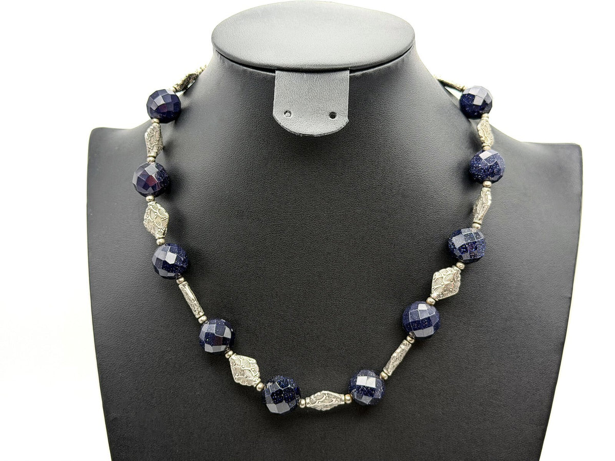 Deep Purple Sparkly Faceted Beaded Necklace with Silver Embossed Diamond Spacers