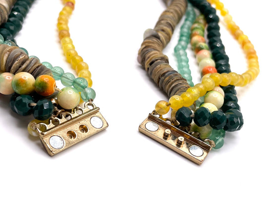 Five-Strand Layered Bead Necklace in Green, Yellow and Orange