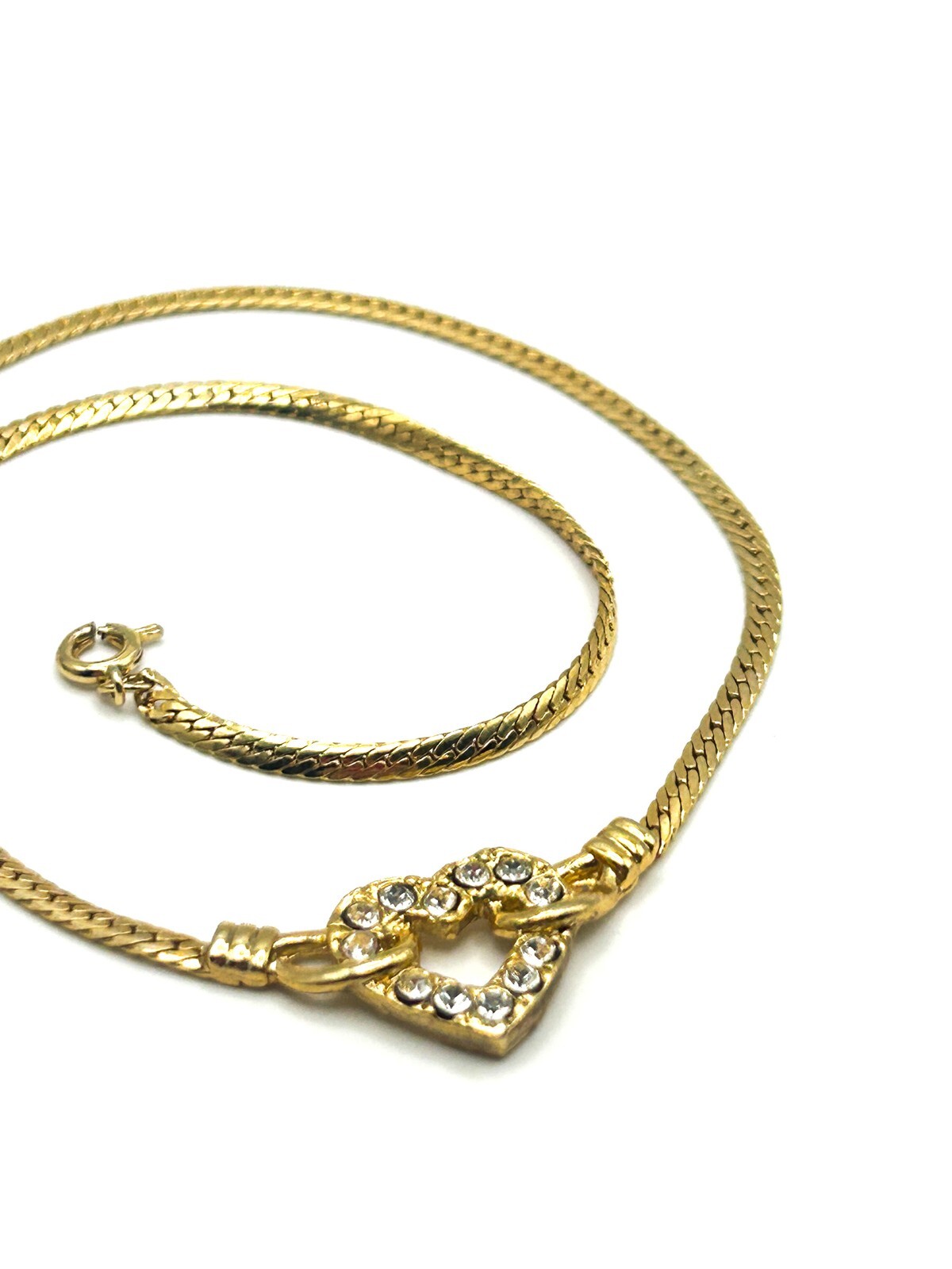 Gold Tone Herringbone Chain Necklace Small Heart Rhinestone Pendant 15”