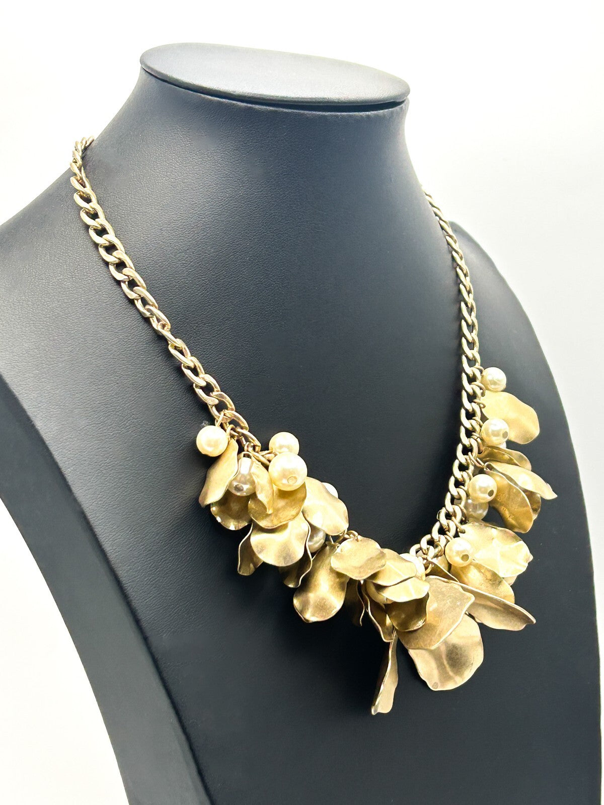 Vintage Per Una Gold Tone Floral Statement Necklace – Faux Pearl Detail, 17”
