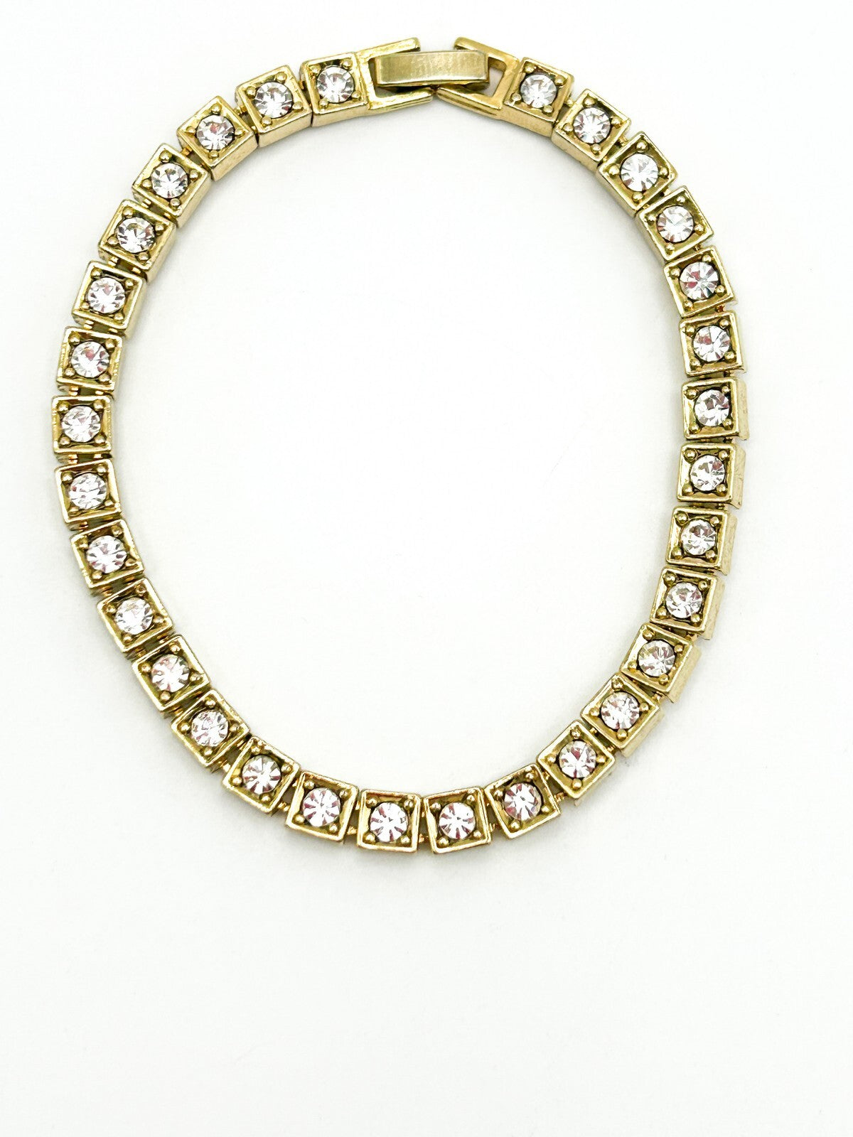 Gold Tone Tennis Bracelet Square Rhinestone Crystal Articulated Link 7.5”