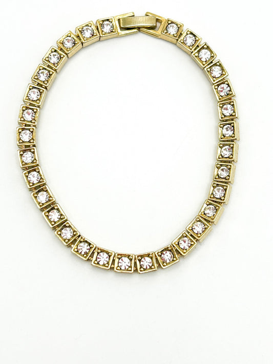 Gold Tone Tennis Bracelet Square Rhinestone Crystal Articulated Link 7.5”