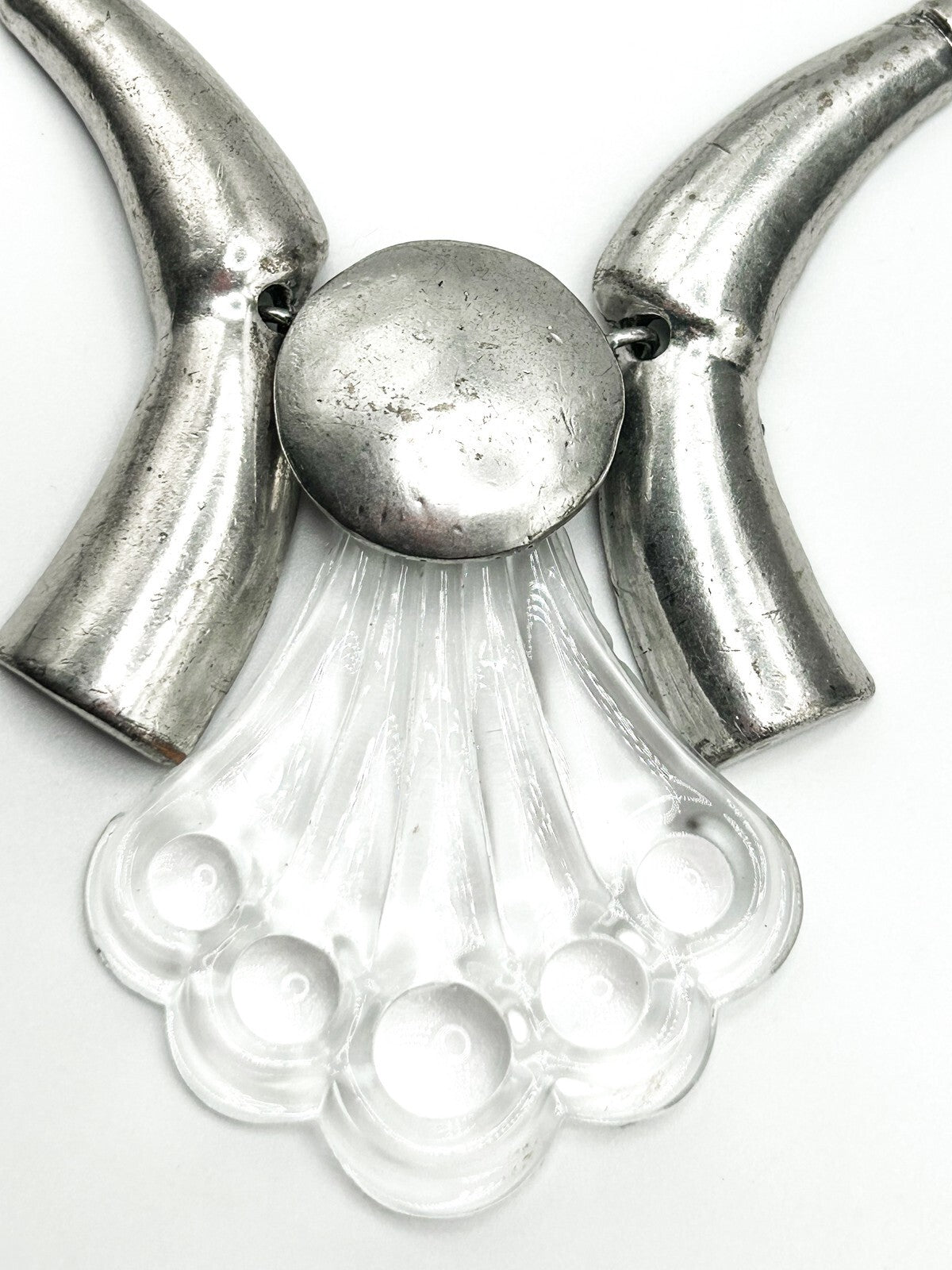 Silver Tone Sculptural Necklace with Glass Pendant - Bold Statement
