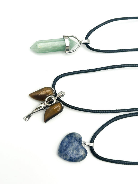 Gemstone Pendant Cord Necklace Bundle Tiger’s Eye, Angel Wings, Aventurine Point