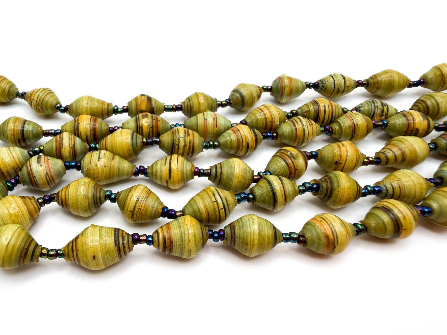 Vintage Multi-Strand Yellow & Green Beaded Necklace - Faux Rolled Paper Beads