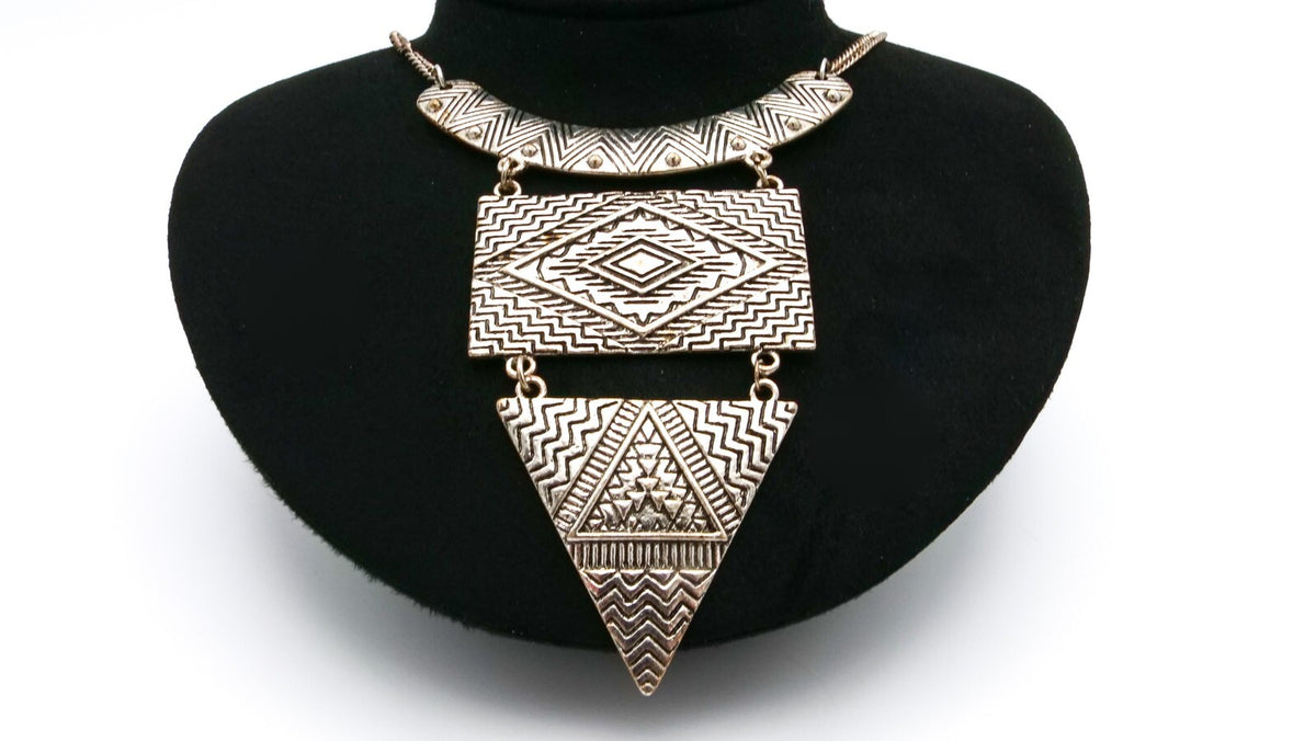 Geometric Tribal-Inspired Statement Necklace - Silver Tone Pendant Chain Panel