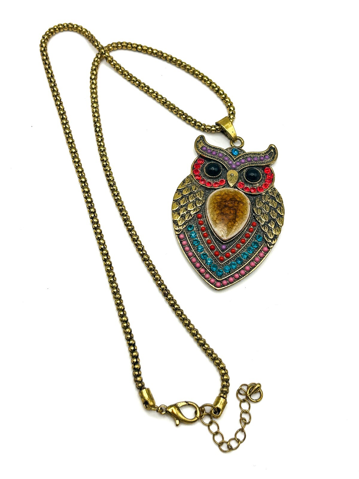 Large Whimsical Brass Boho Playful Owl Pendant Necklace on Gold Tone Chain