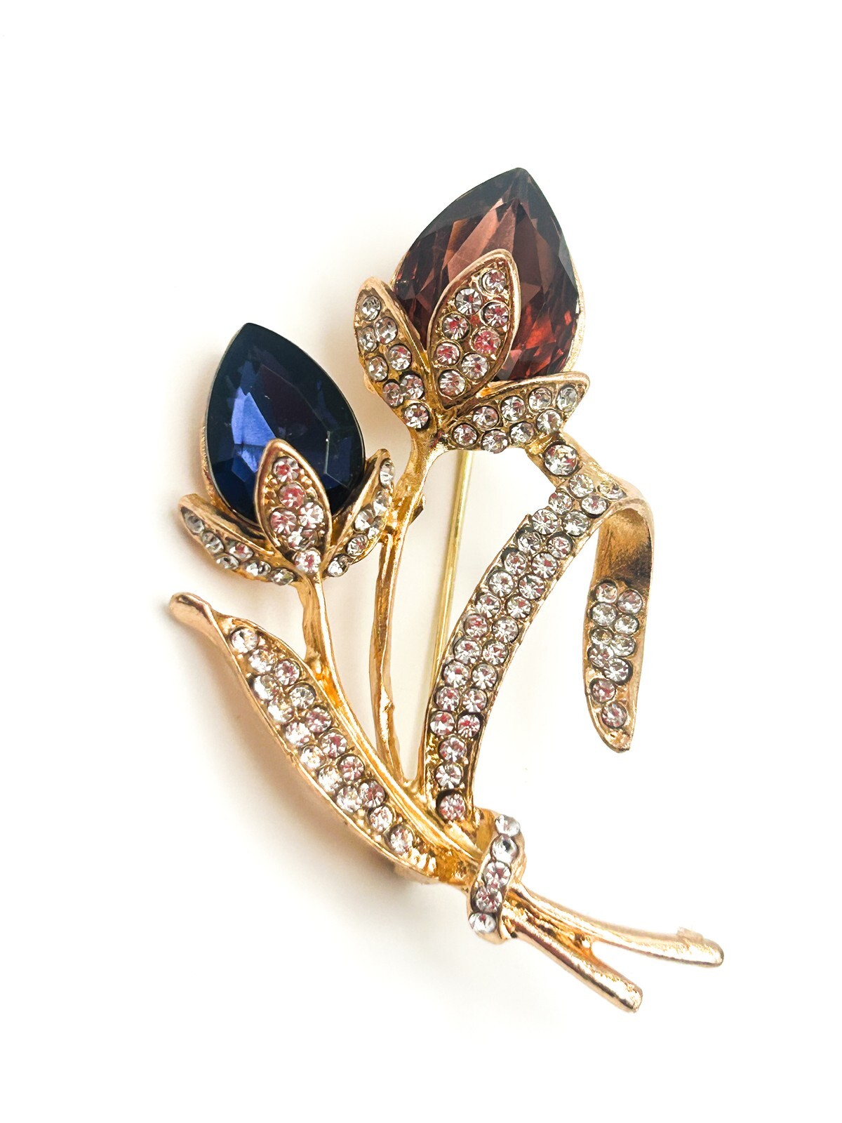 Vintage Gold Tone Double Tulip Crystal Flower Brooch Blue & Mauve Floral Design