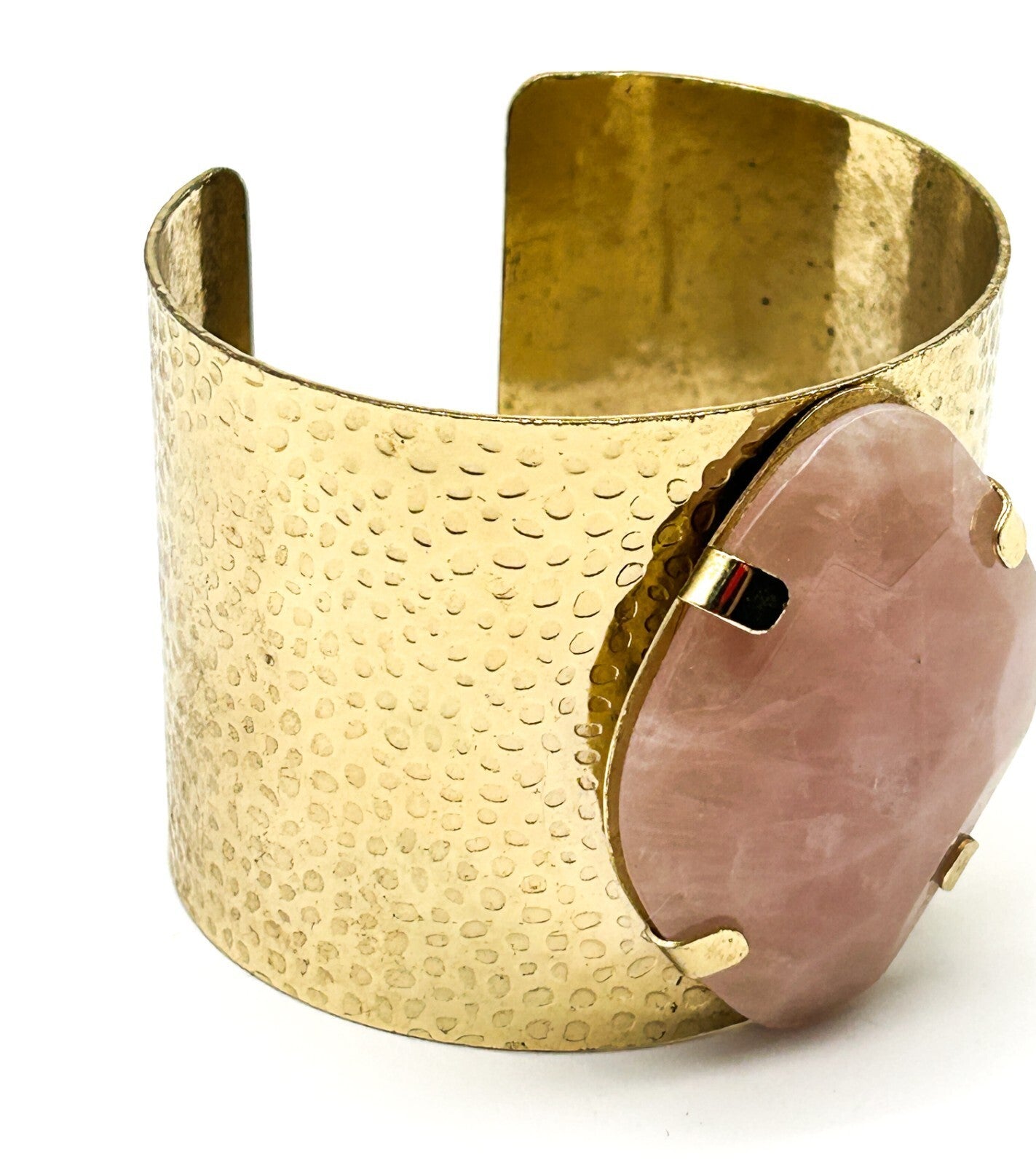 Pink Jade Gold Tone Textured Cuff Bracelet Faceted Stone Boho Statement Retro