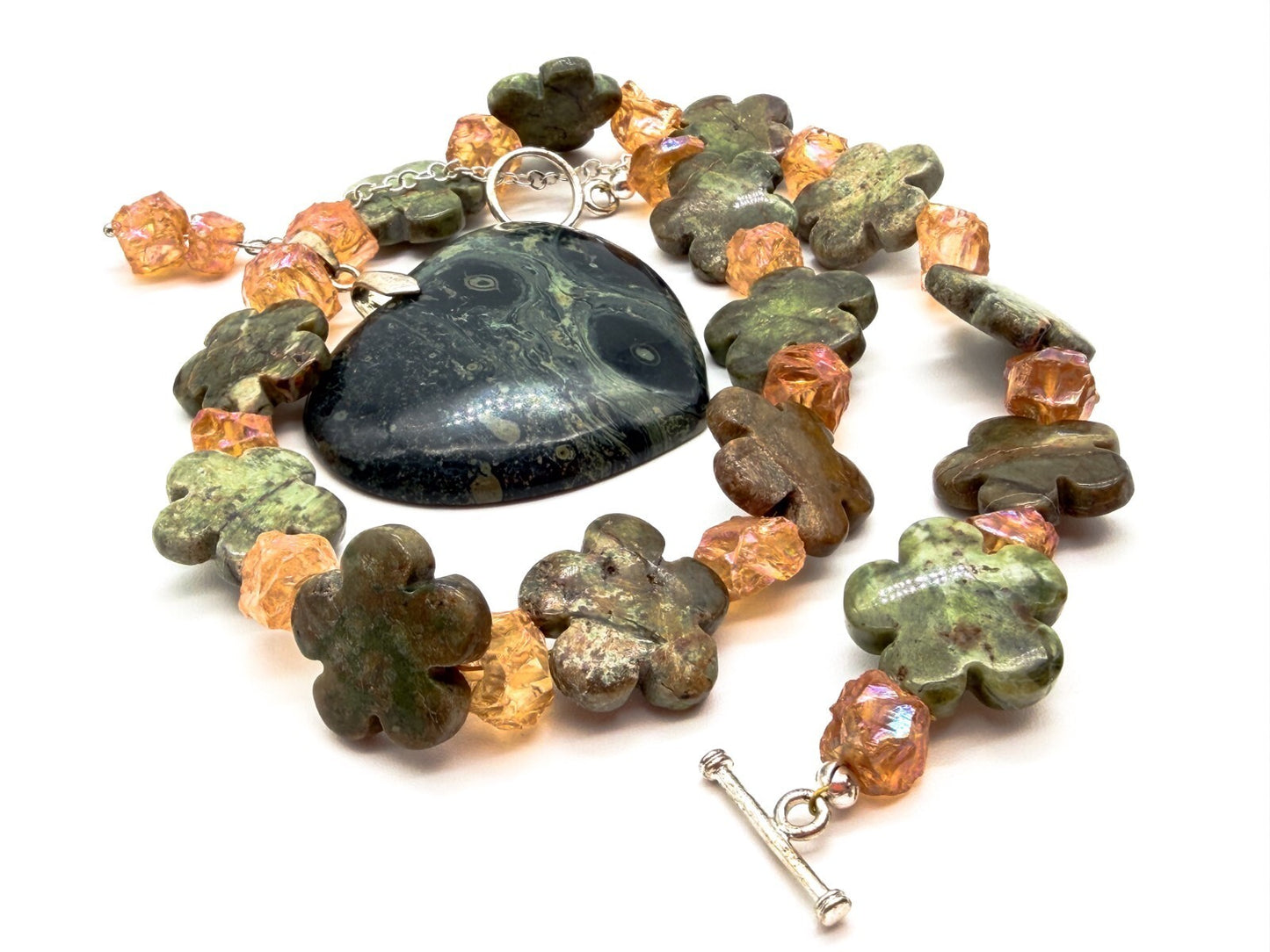 Serpentine Heart Necklace Jasper Bead Statement Chunky Green Pendant 17”