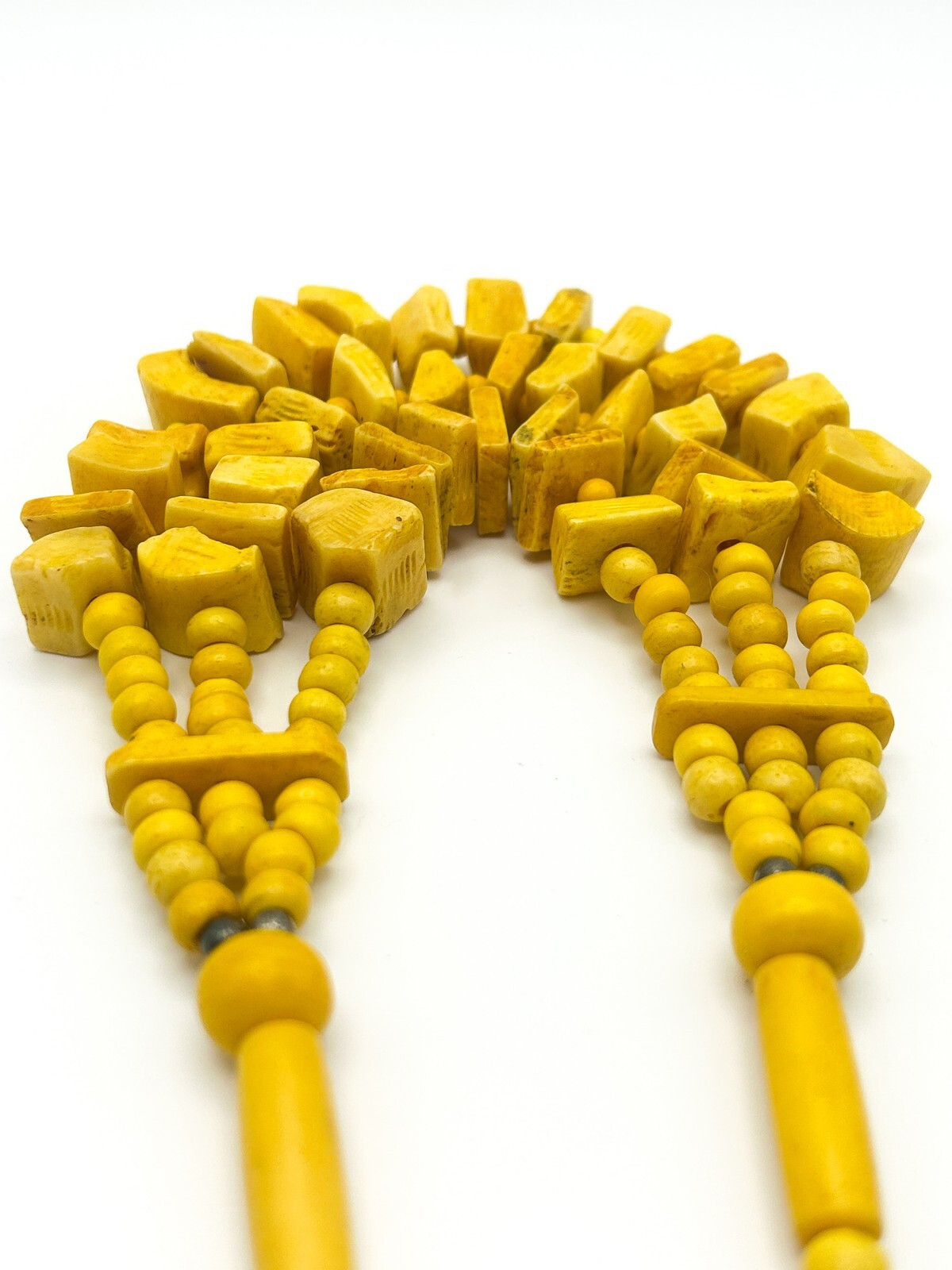 Vintage Bright Yellow Triple-Strand Organic Material Bib Necklace