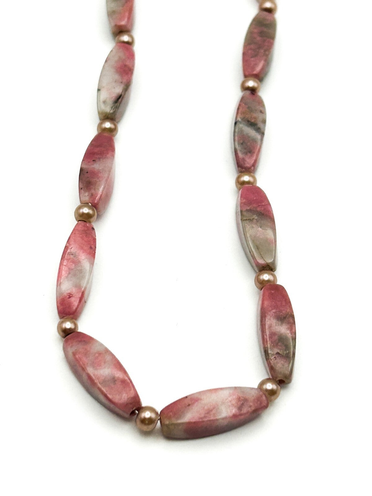 Rhodonite Gemstone Beaded Necklace Pink Oval Beads Faux Pearl Spacers 18”