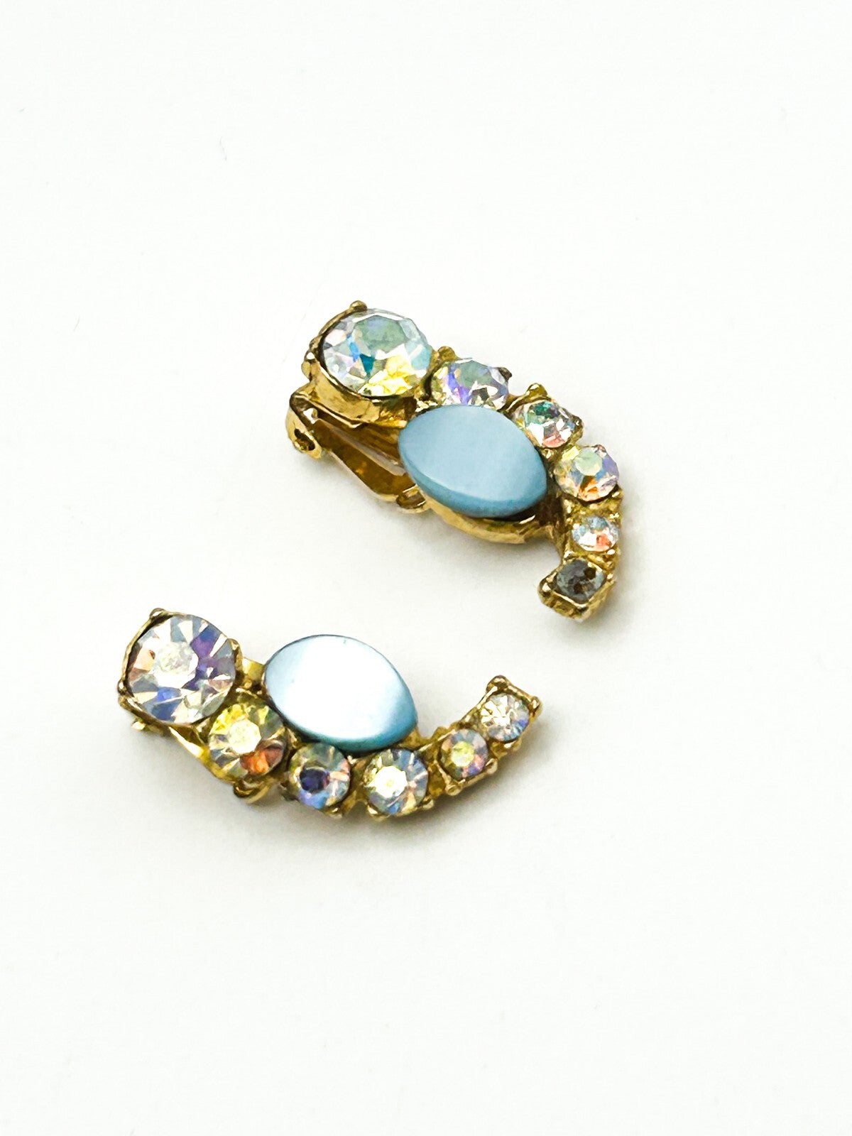 Vintage Blue Thermoset and Aurora Borealis Rhinestone Clip On Earrings