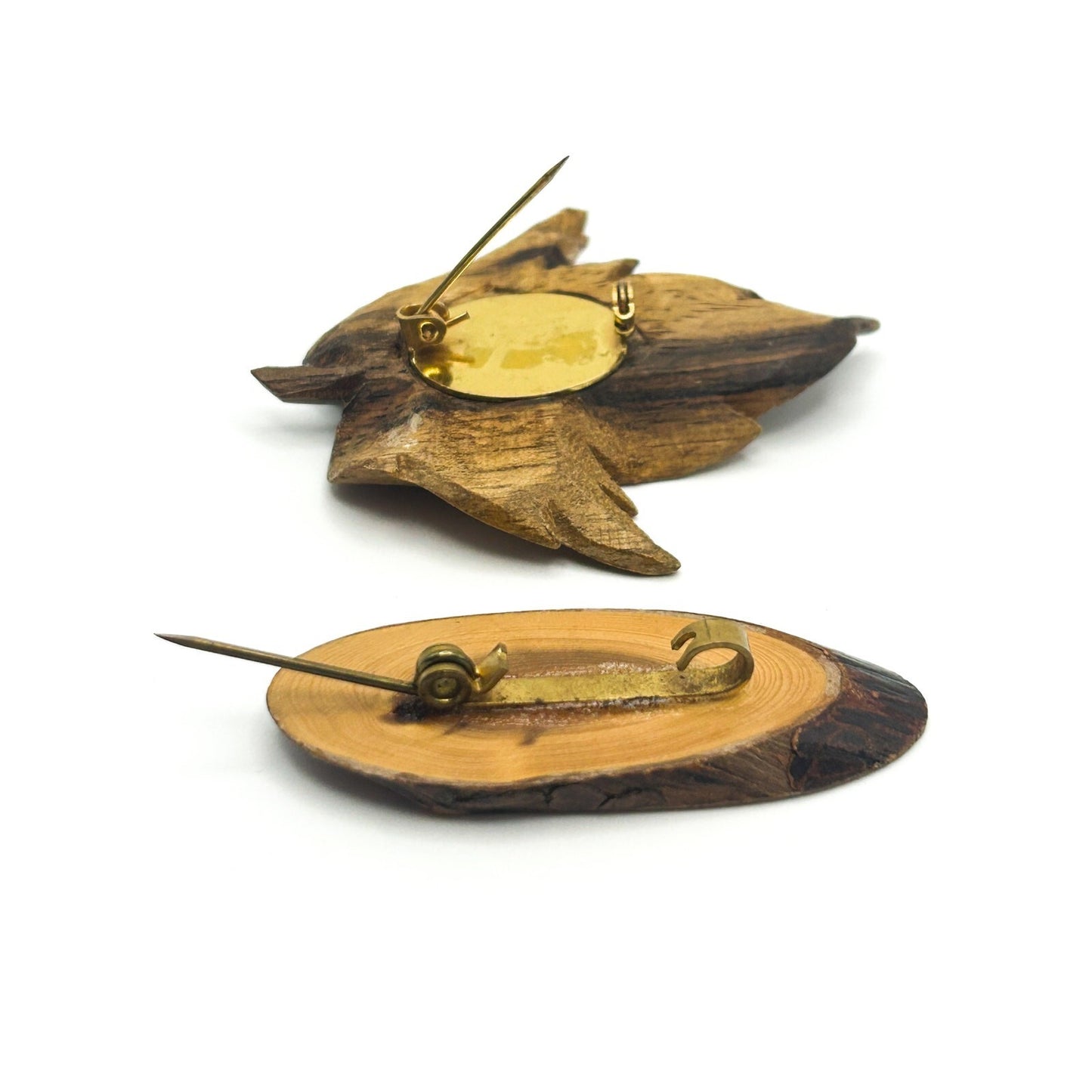 Wood Brooch Duo - Carved Leaf and Smooth Knot Slice