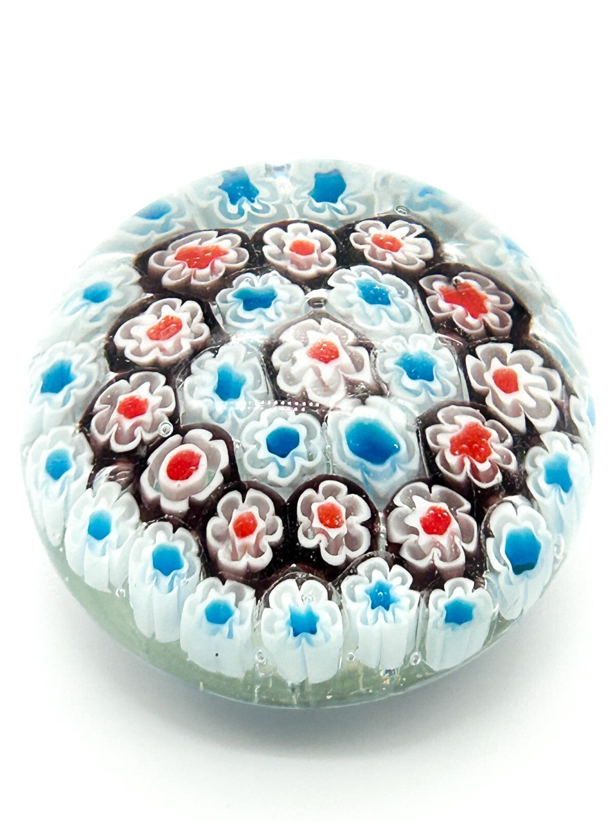 Vintage Millefiori Art Glass Paperweight Red White Blue Flower Floral Canes