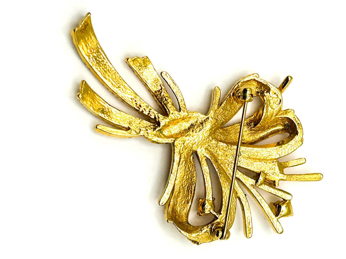 Vintage Gold Tone Ribbon Bow & Bouquet Rhinestone Brooch – 7cm