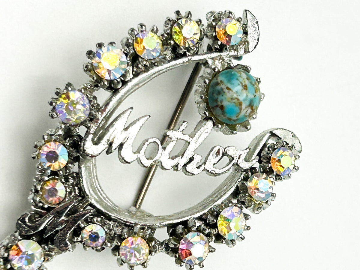 Mother Brooch Aurora Borealis Rhinestone Silver Tone Turquoise Pin