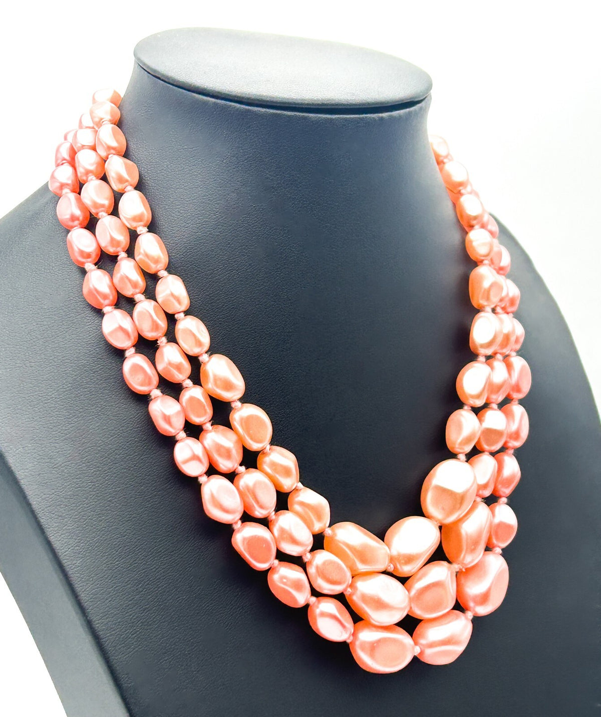 Pink Multi Strand Glass Bead Necklace Faux Pearl Graduated Retro Statement