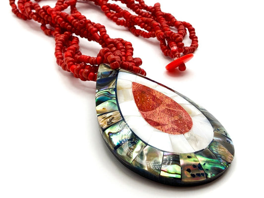 Twisted Red Seed Bead Necklace with Abalone, Mother of Pearl & Coral Teardrop Pe
