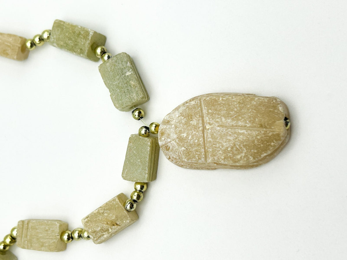 Egyptian Revival Carved Scarab Bead Necklace – Soapstone Panel with Drop Pendant