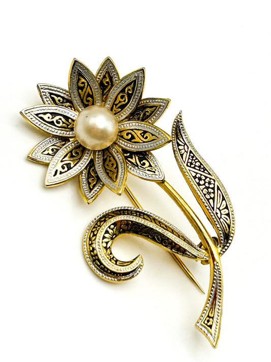 Vintage Floral Brooch Gold Tone Faux Pearl Damascene Style Flower Pin Elegant