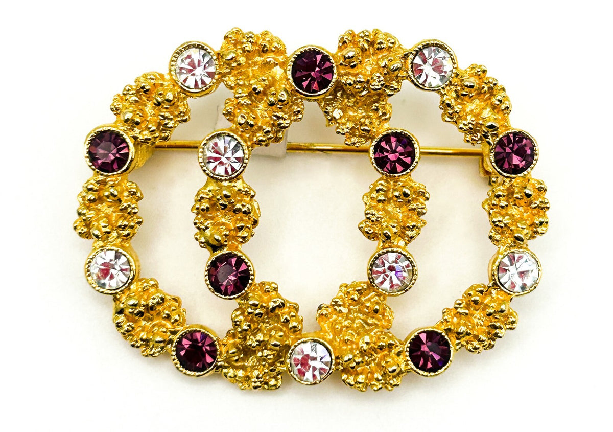 Vintage WEST Rhinestone Brooch Gold Tone Double Circle Purple Clear Pin