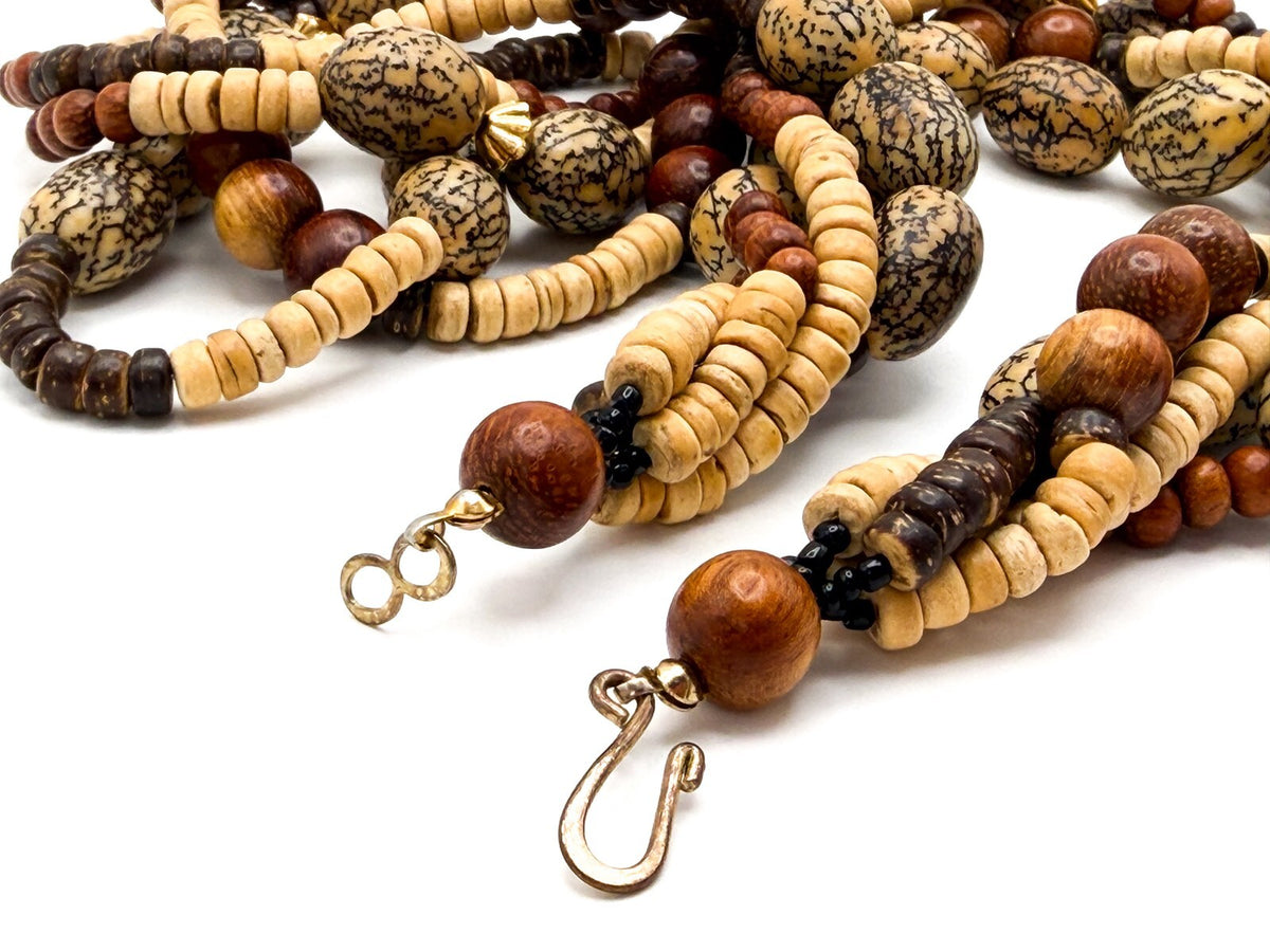 Four Strand Twisted Wood & Coconut Shell Disc Necklace with Gold Tone Boho