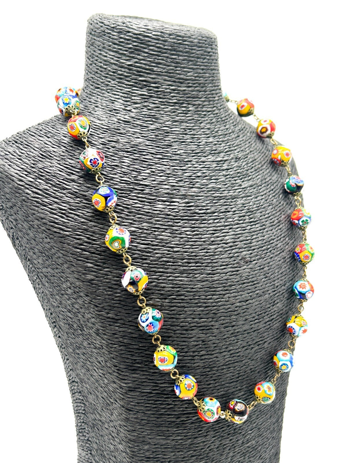 Vintage Murano Glass Millefiori Flower Multicoloured Necklace Floral Venetian