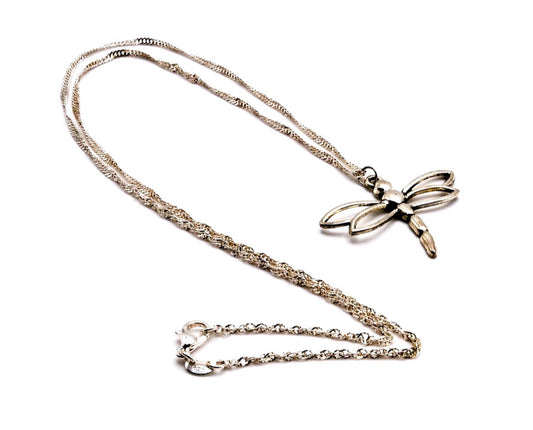 Silver Tone Dragonfly Pendant Necklace Chain Marked 925