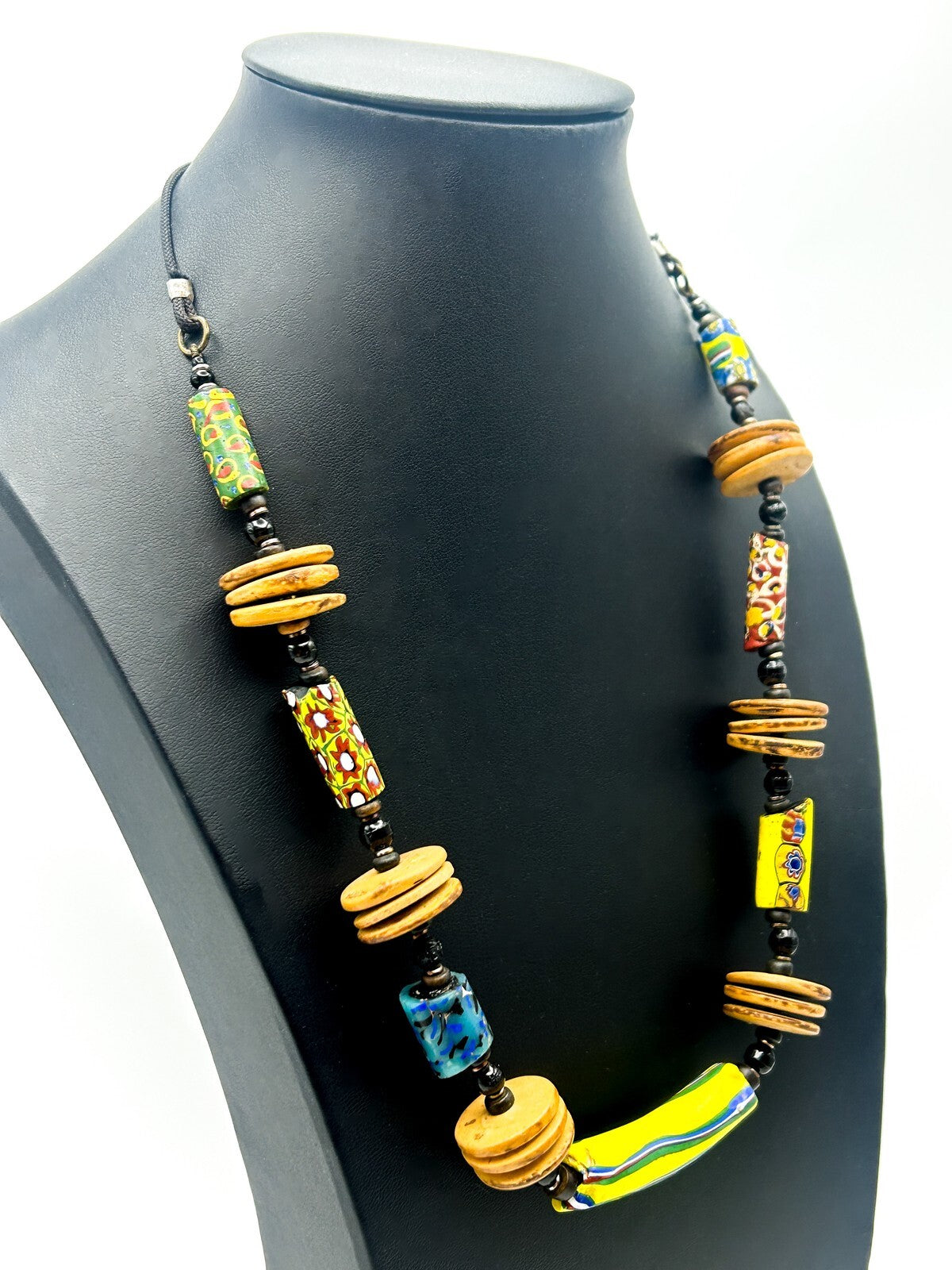 Antique Venetian Millefiori African Trade Bead Necklace Coconut Shell 23”