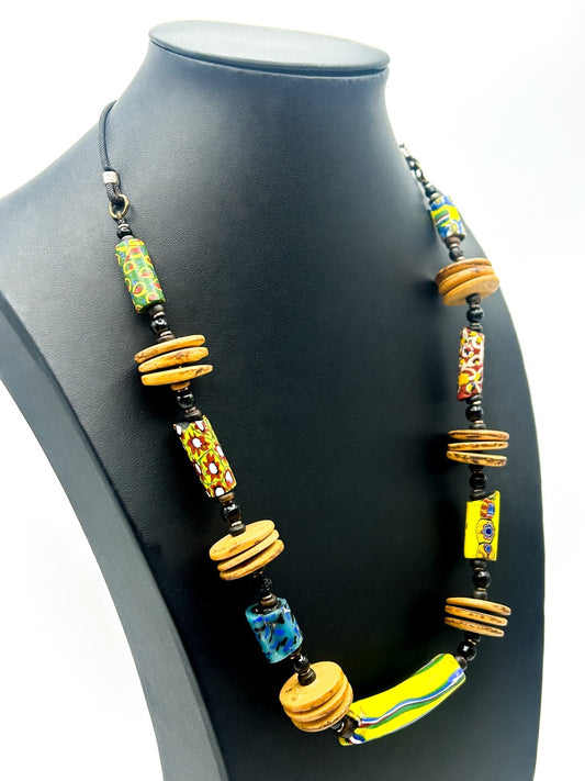 Antique Venetian Millefiori African Trade Bead Necklace Coconut Shell 23”