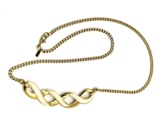 Signed Monet Gold Tone Chain Necklace with Cream Enamel Ribbon Pendant