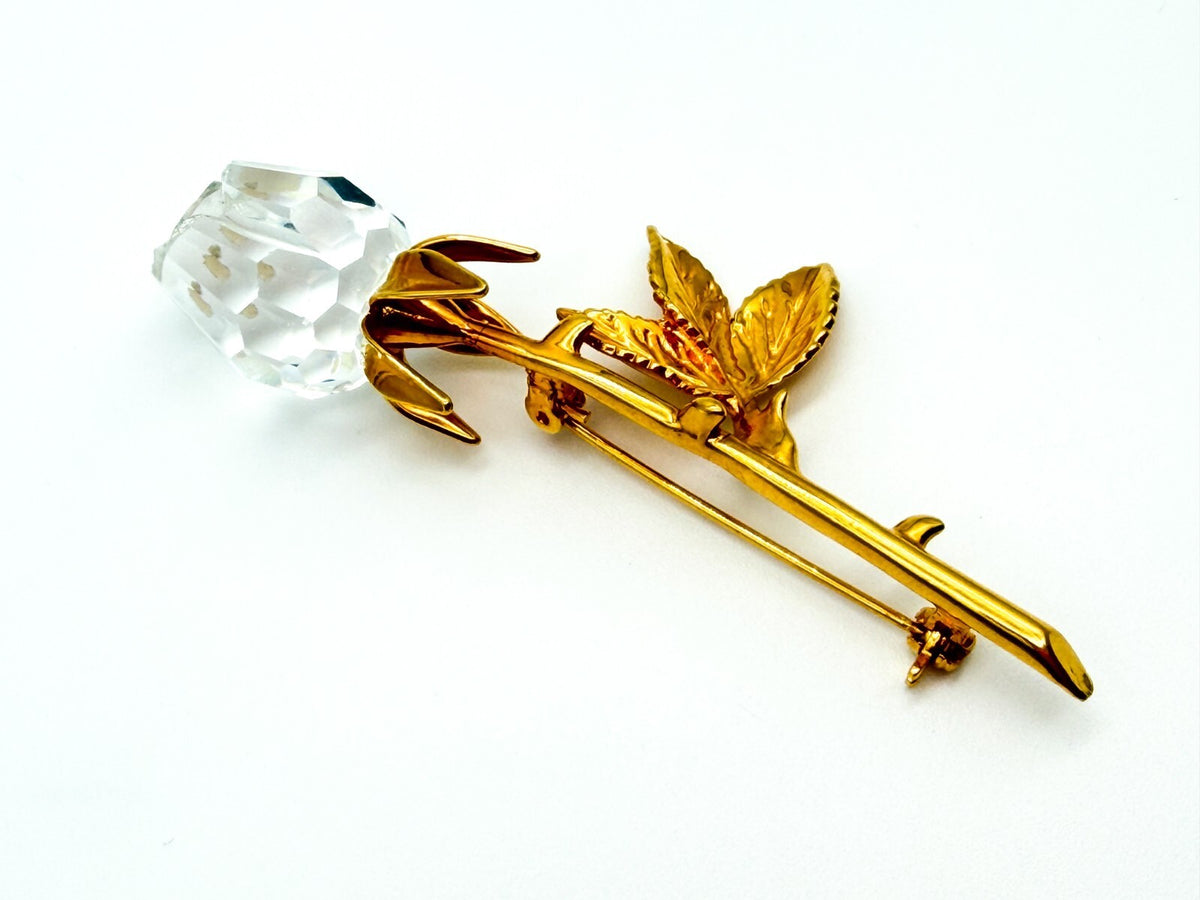 Vintage Large Gold Tone Rose Flower Brooch Pin Crystal Statement Floral