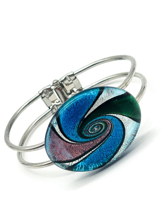 Art Glass Swirl Bangle Blue Pink Silver Hinged Statement Bracelet