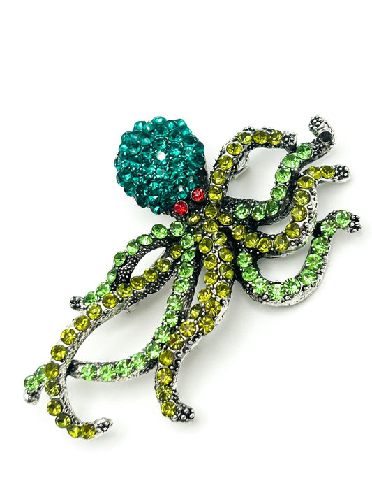 Vintage Rhinestone Octopus Brooch – Green & Teal Crystal Statement Pin