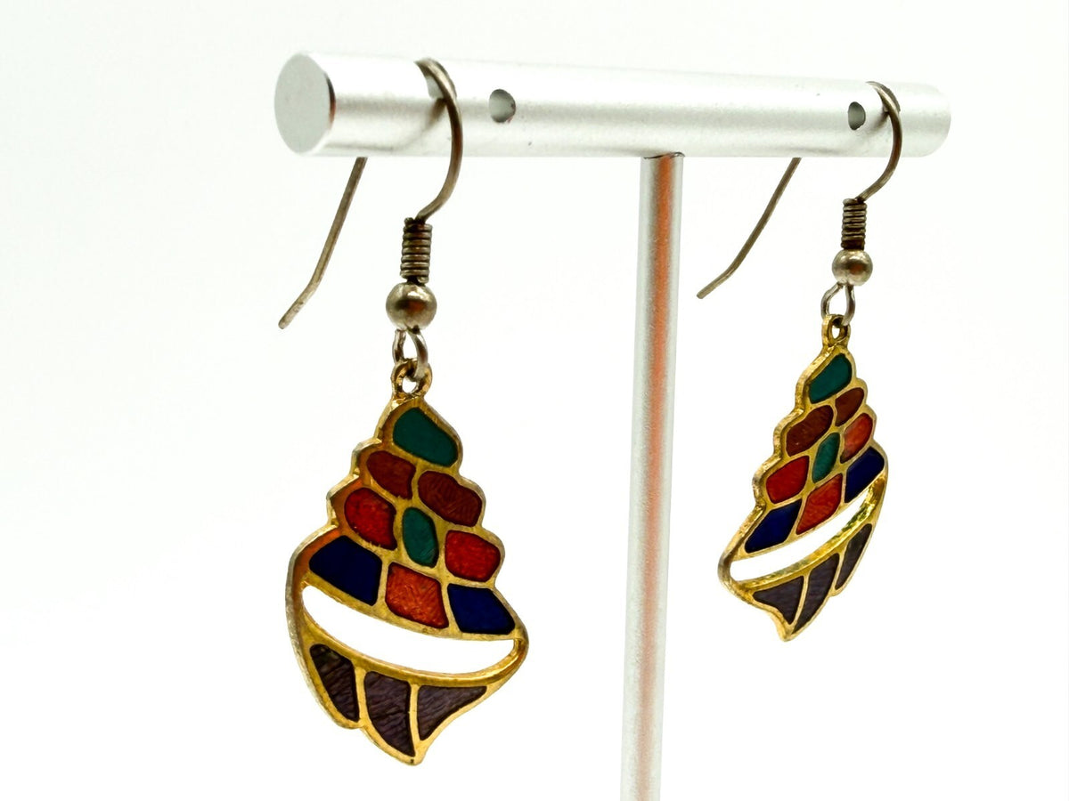 Vintage Cloisonné Enamel Shell Earrings Colourful Gold Tone Retro Multicolour