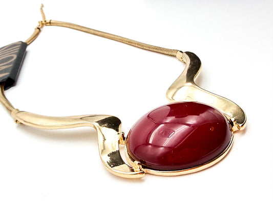Wallis Gold Tone Statement Necklace Red Cabochon Pendant Snake Chain 18” NWT