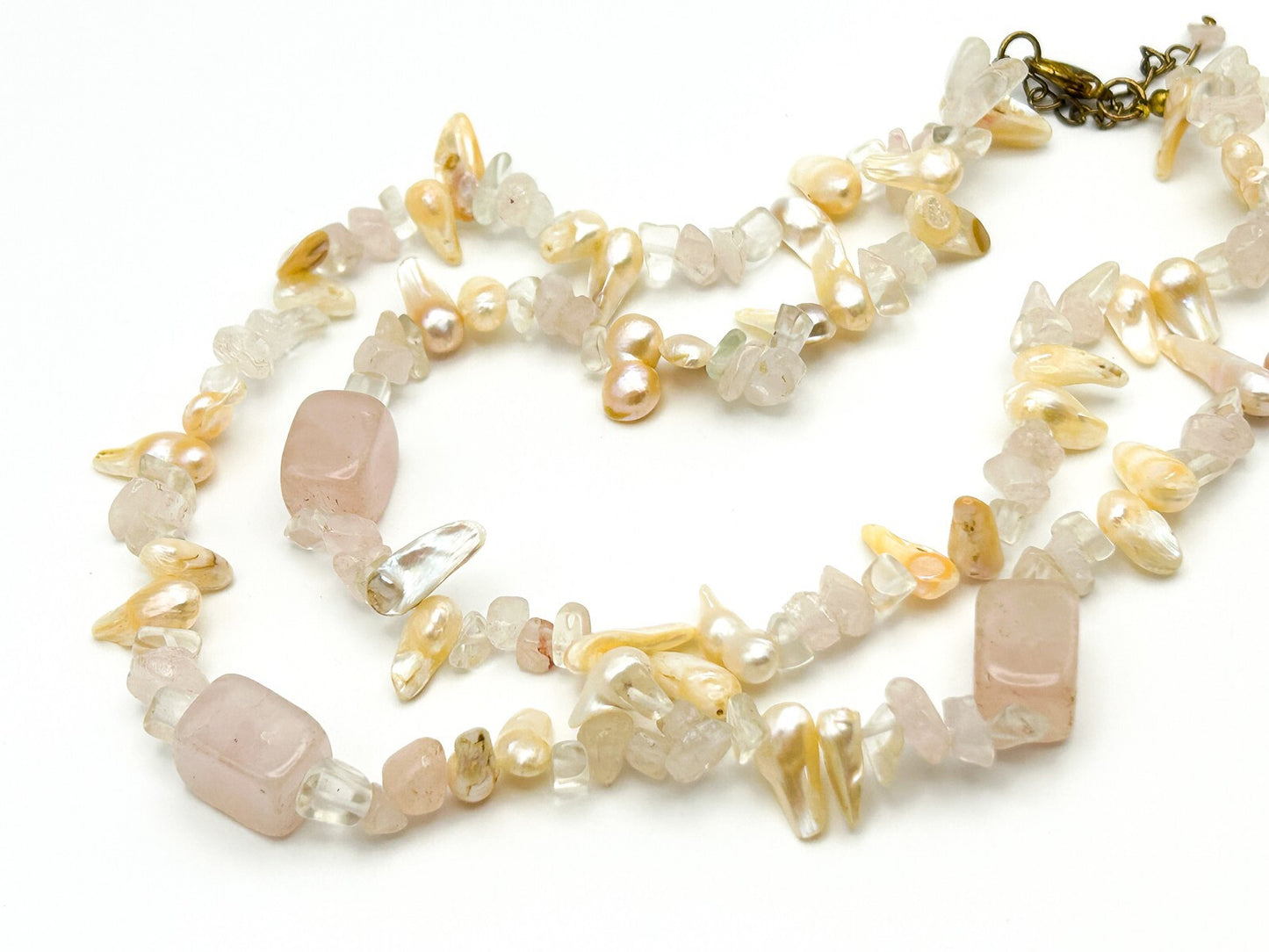 Freshwater Pearl Rose Quartz Necklace Double Strand Natural Stone Baroque Pearl