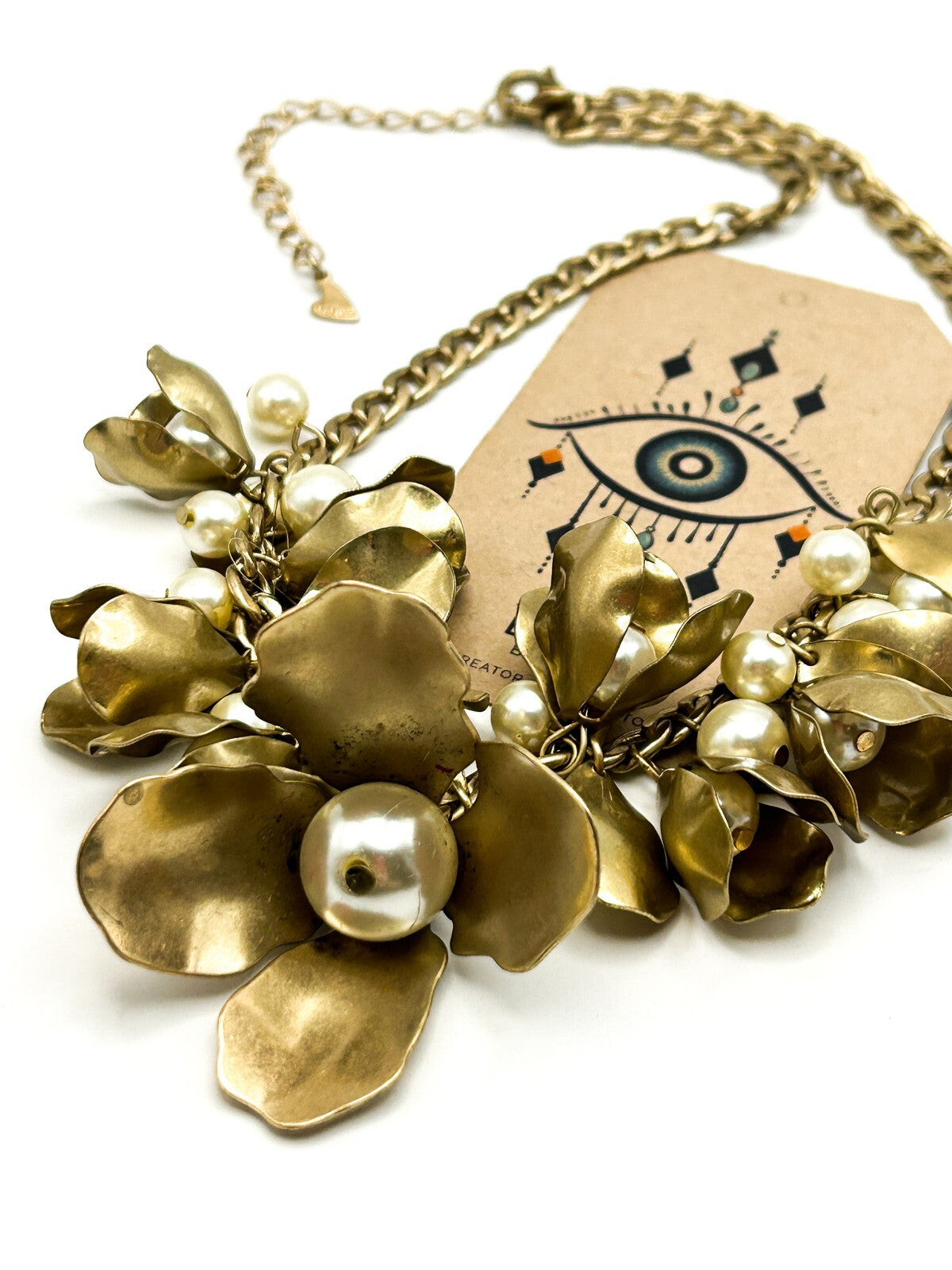 Vintage Per Una Gold Tone Floral Statement Necklace – Faux Pearl Detail, 17”
