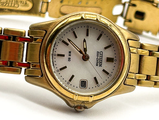 Citizen Eco Drive Ladies Gold Tone Watch Date Bracelet WR50 Japan Analogue