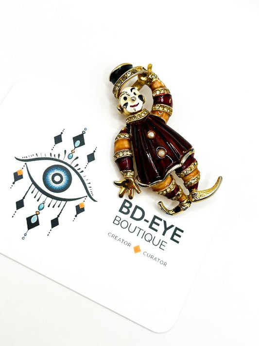 Vintage Enamel Jester Clown Brooch Rhinestone Figural Gold Tone 5.5cm
