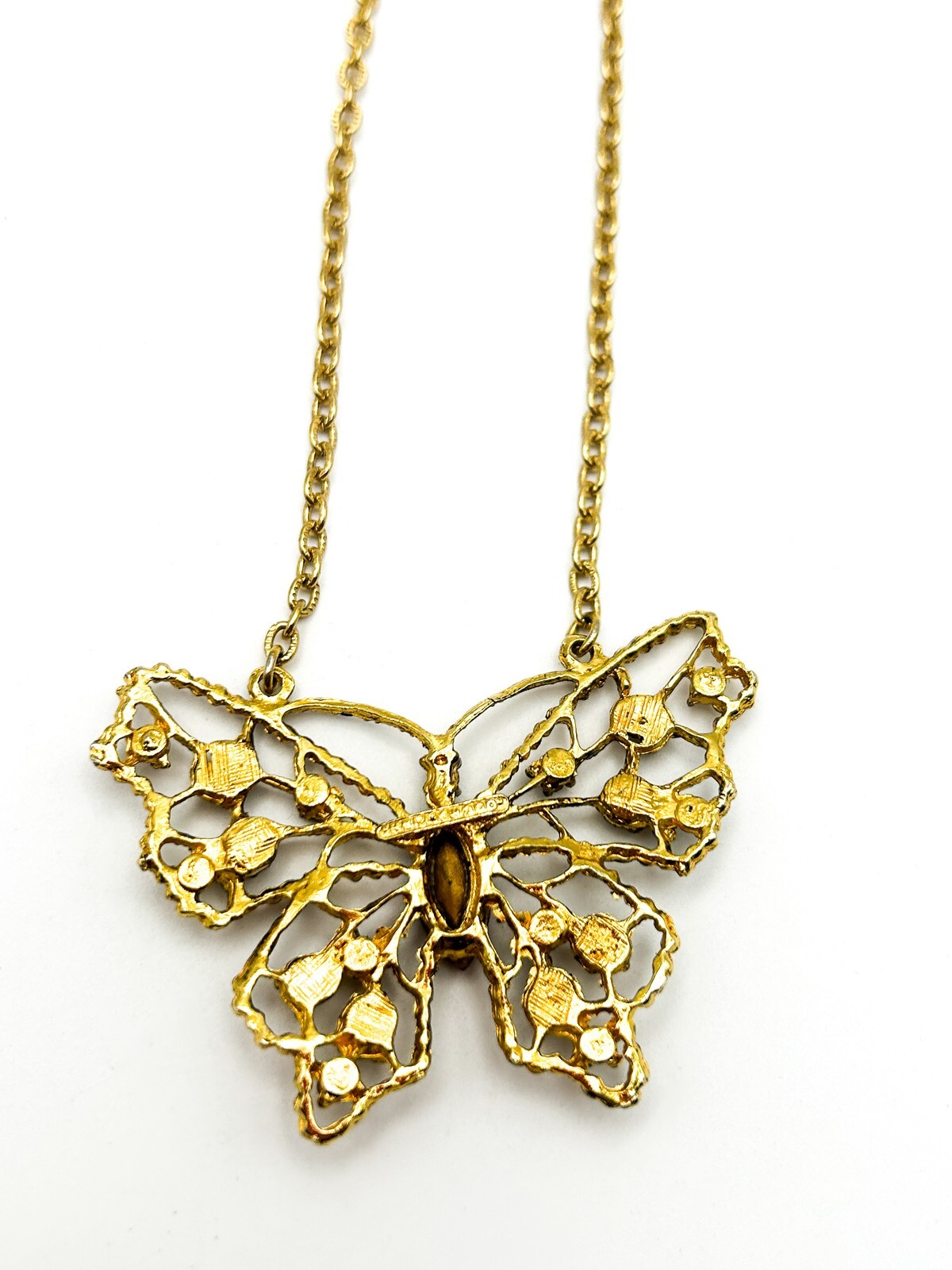 Signed Hollywood Gold Tone Openwork Butterfly Rhinestone Necklace